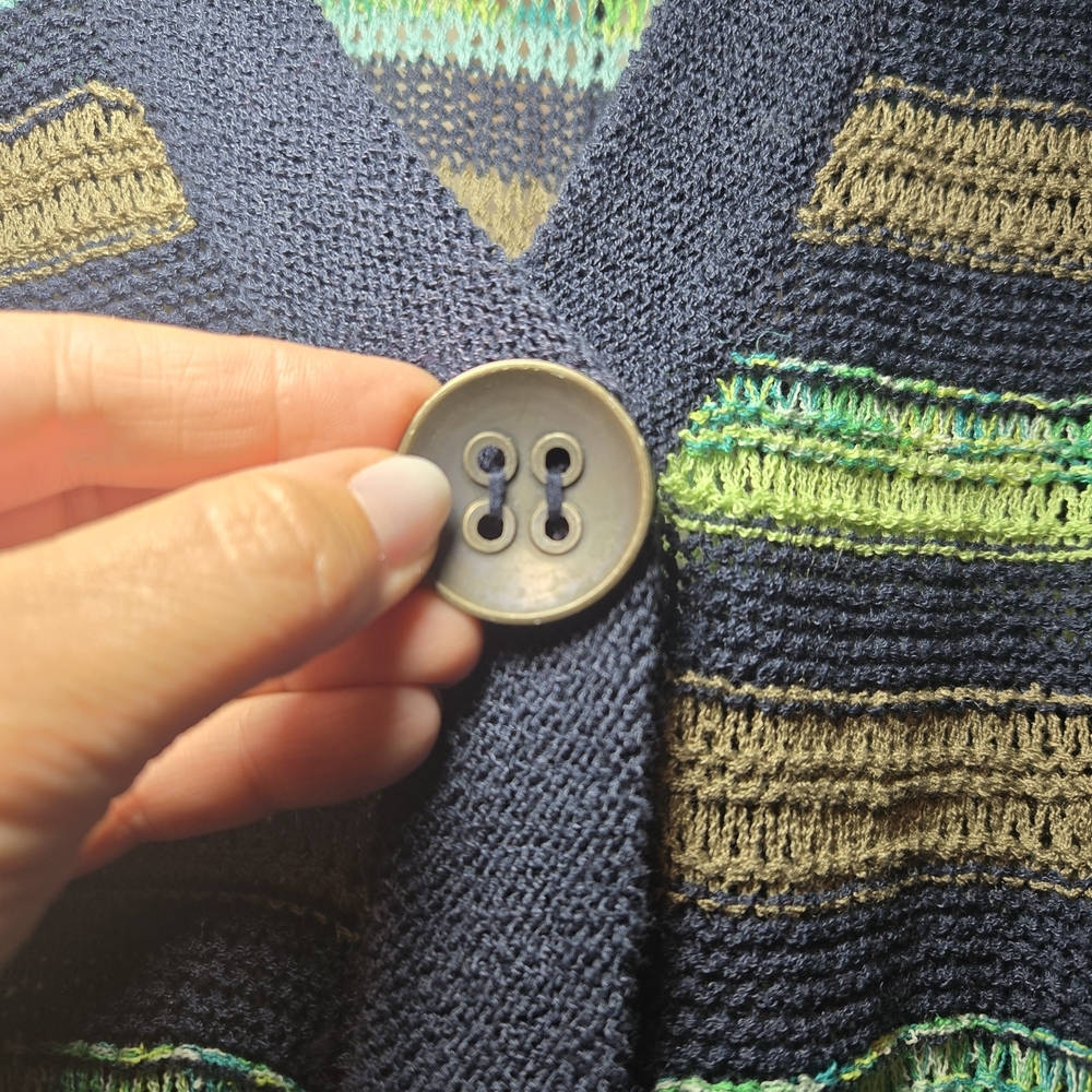 Monterey Bay Navy Green & Brown Striped Short Sleeve Cardigan Size Medium - Picture 5 of 8